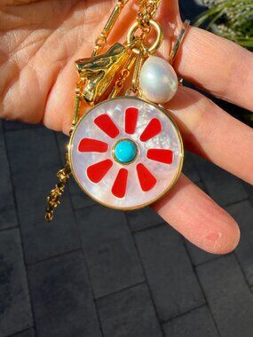 Lizzie Fortunato necklace with mother-of-pear, turquoise and coral inlay pendant